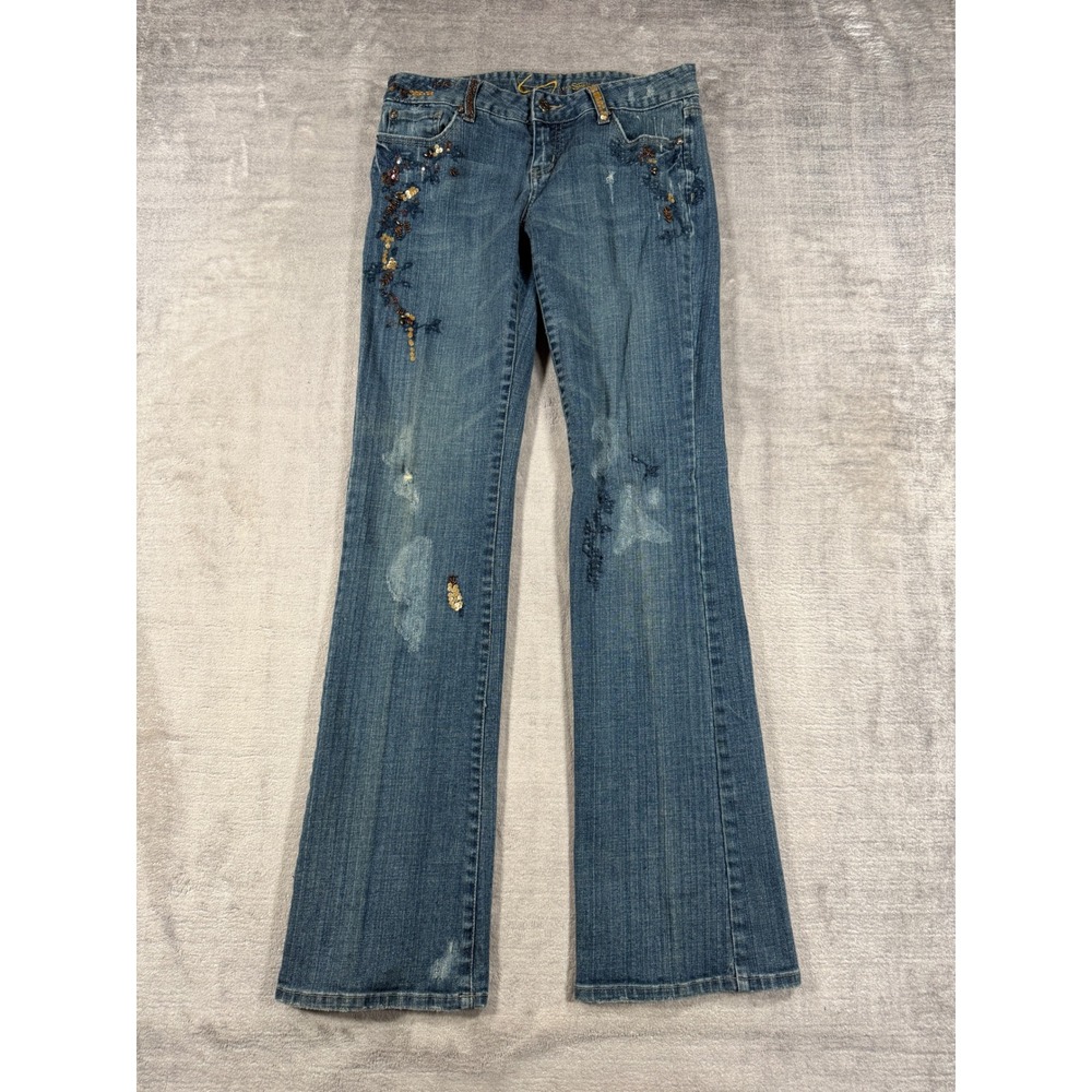 Vintage Y2K Jeans Womens 29 Blue Flare Embellished Beaded Sequin Y2K Low Rise